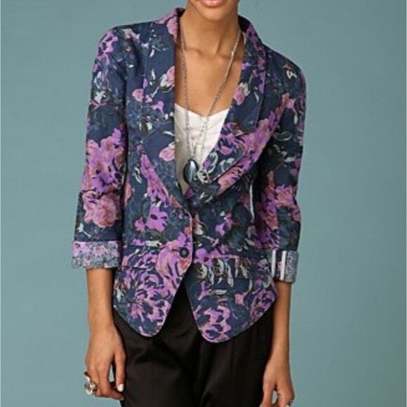 Free People Jackets & Blazers - Free people purple linen cotton floral button front blazer jacket Sz 6
